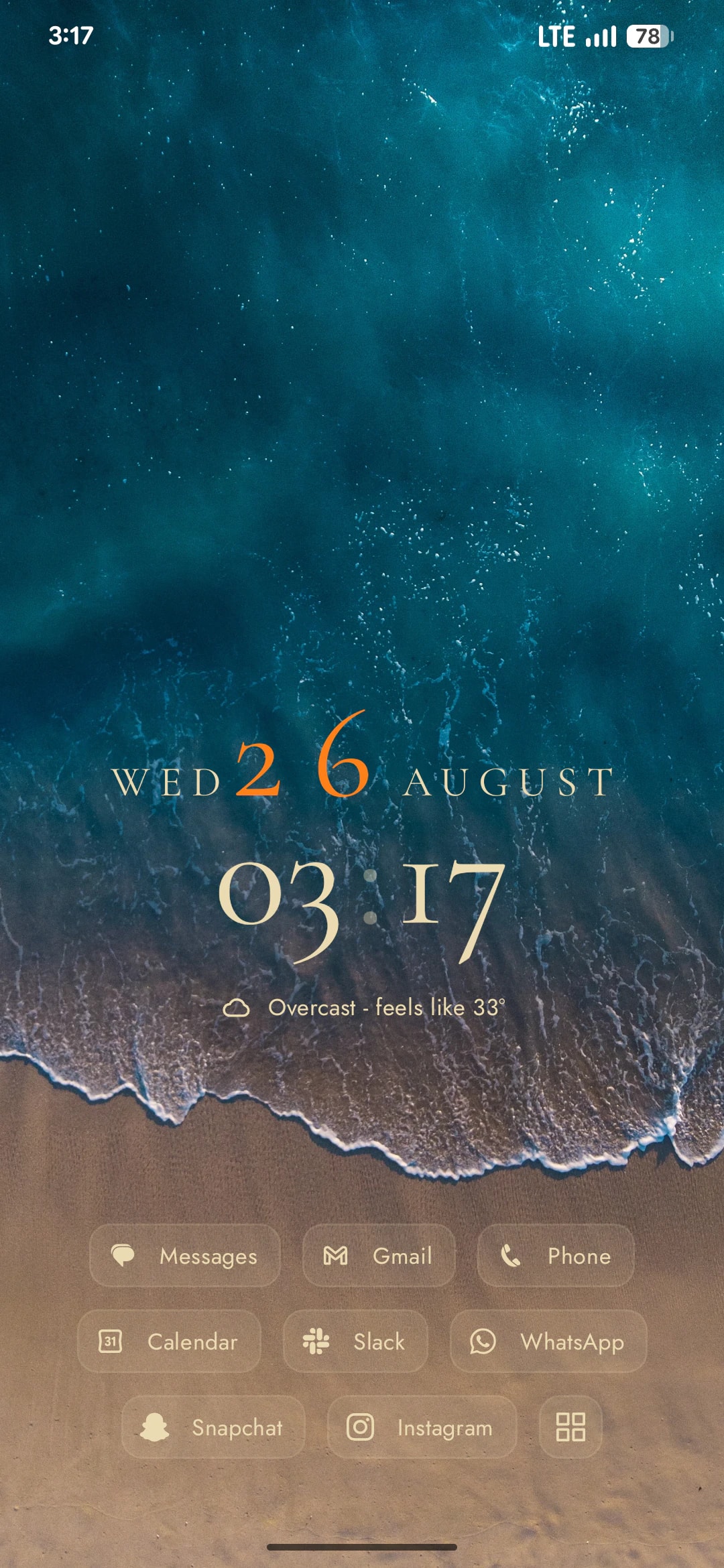 Axo Launcher — Bloom, the serif clock over a grid of labelled app pills