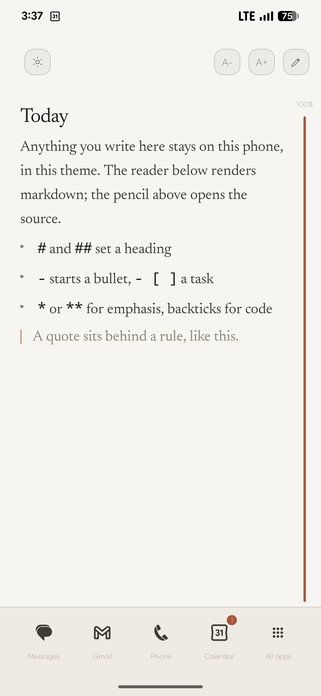 Axo Launcher — Diary, the markdown page on cream paper