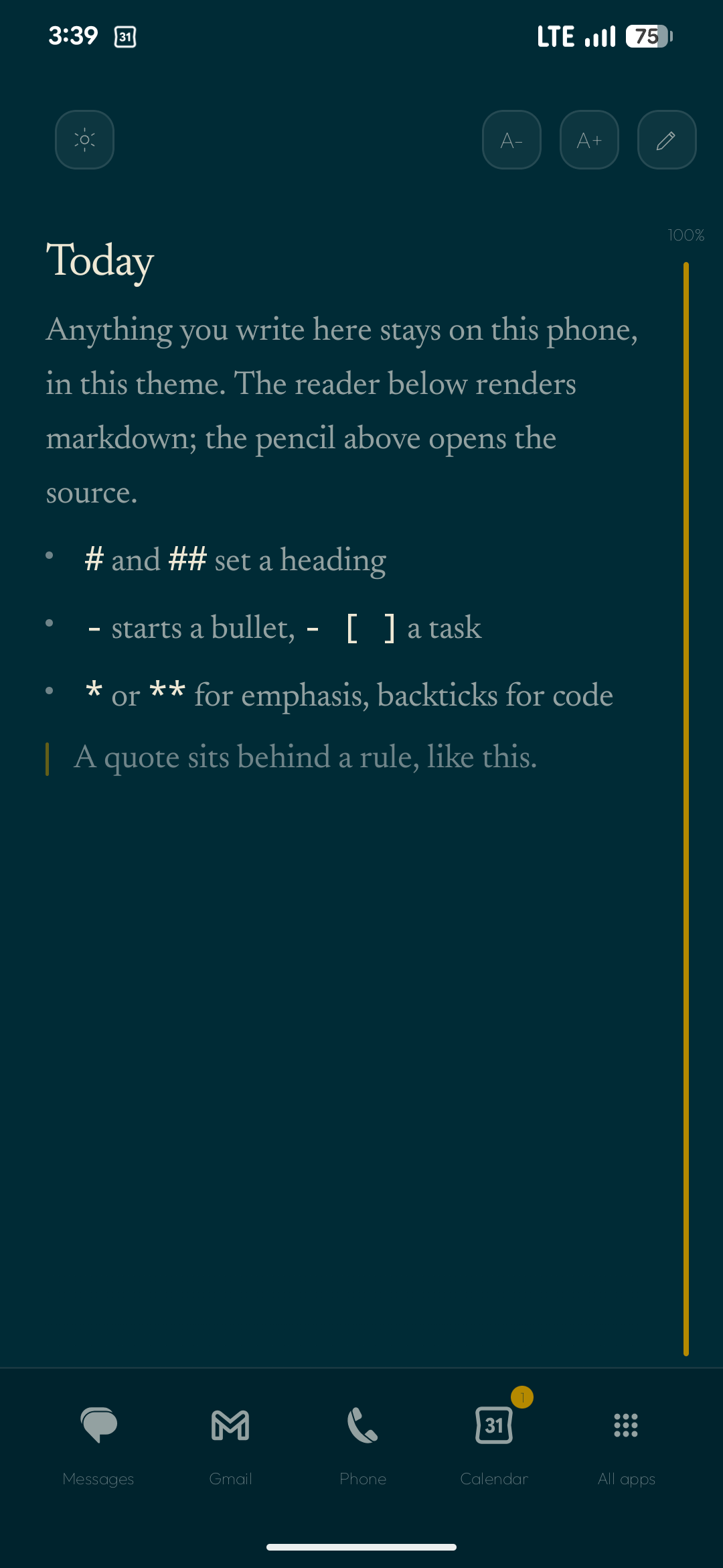 Axo Launcher — Diary, the same page in a dark scheme