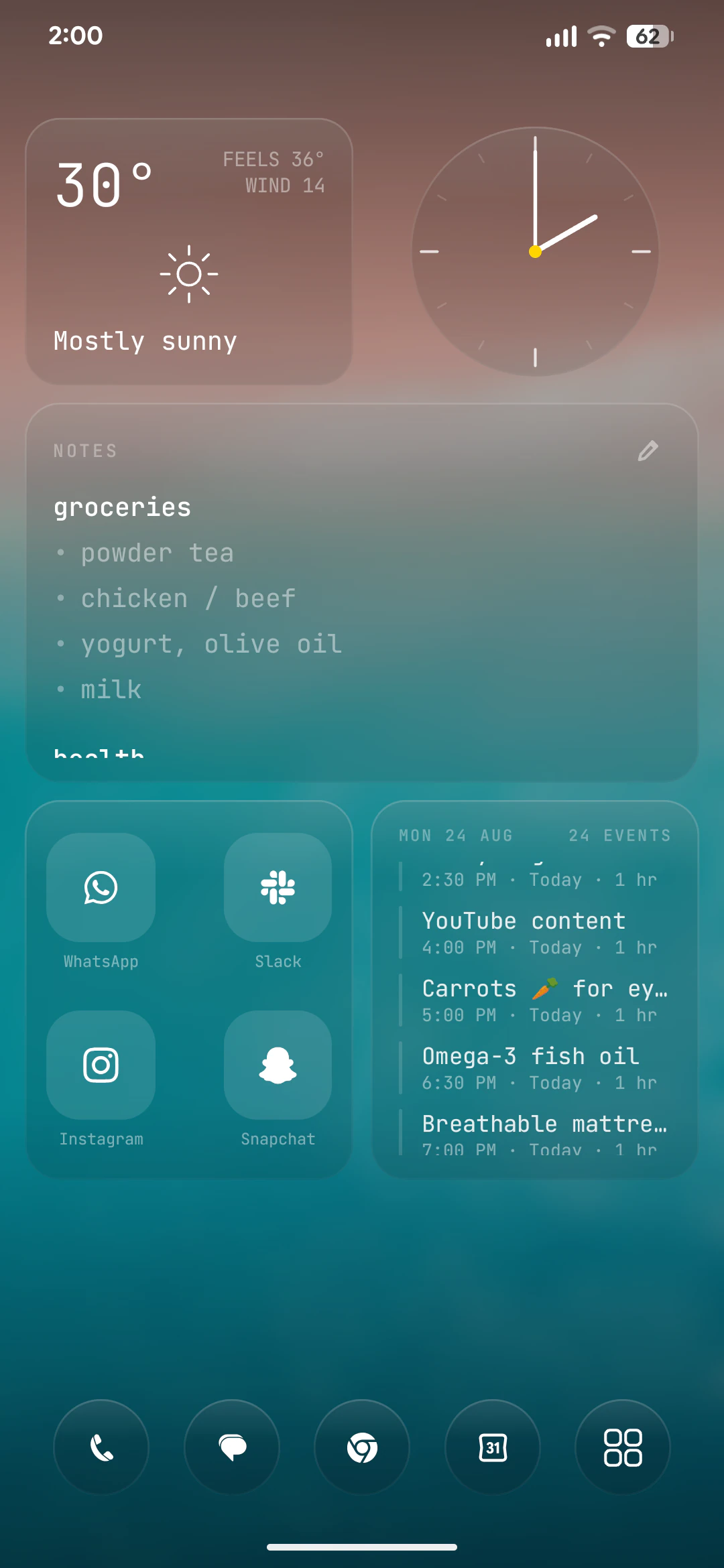 Axo Launcher — Marigold, weather, notes and agenda cards over a wallpaper