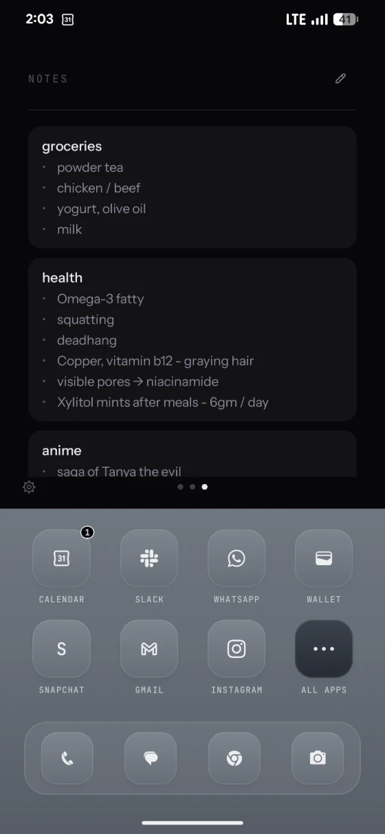Axo Launcher — the notes page over a dimmed grid