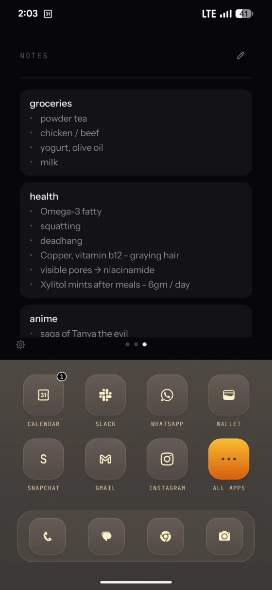 Axo Launcher — Onyx, the notes page in the amber scheme