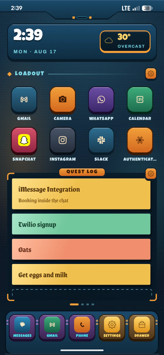 Axo Launcher — Quest, a quest log under a loadout of app keys