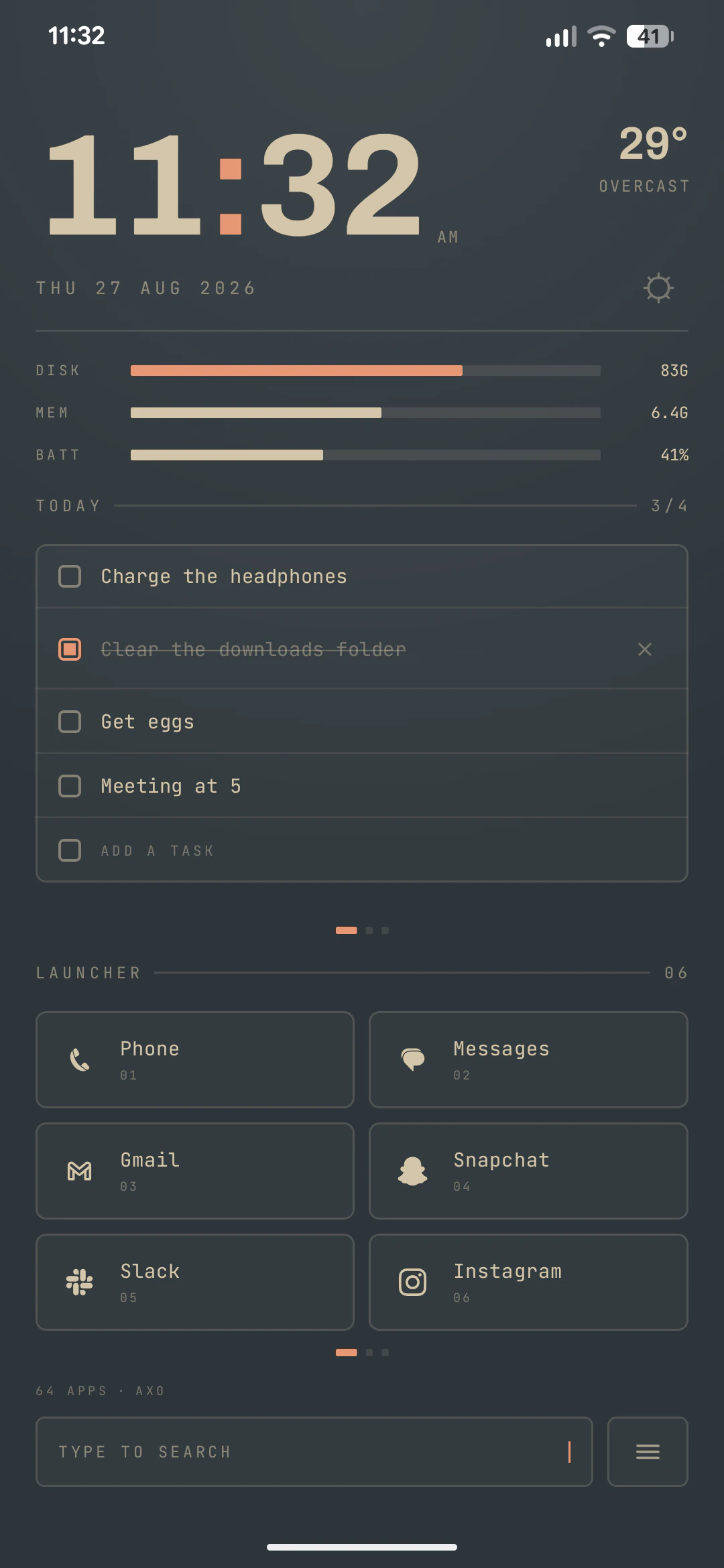 Axo Launcher — Techno, telemetry bars over today's list and the app cells